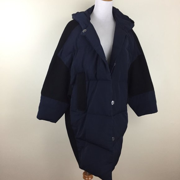 BASIC HOUSE Black Dark Blue Wool Blend Hoodie Duck Down Puffer Oversized Jacket - Picture 5 of 16